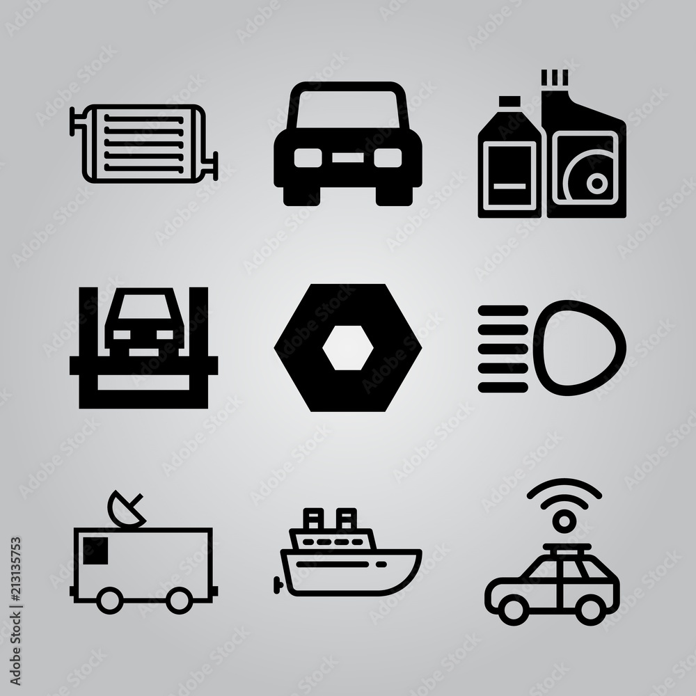 Simple 9 icon set of electronics related high beam, car, truck with an antenna on it and car repair vector icons. Collection Illustration