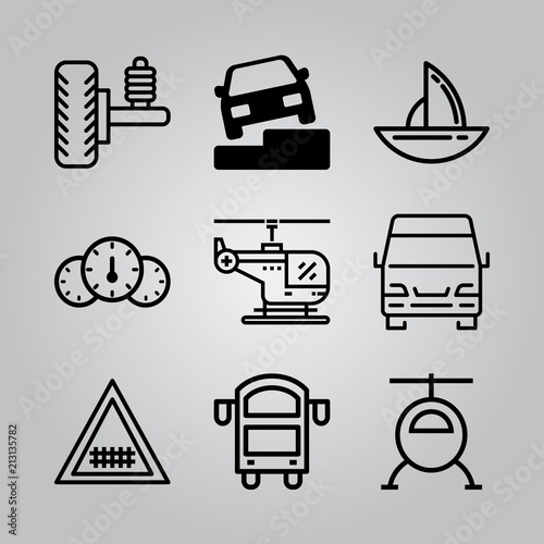 Simple 9 icon set of transport related car on stairs, truck, car board and helicopter vector icons. Collection Illustration