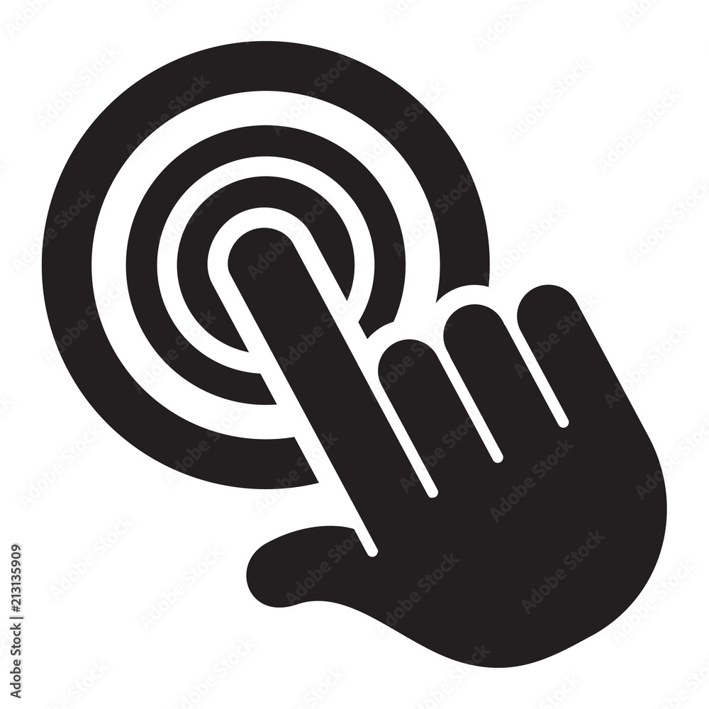 Icon pictogram, hand pushing the button, touch screen. Ideal for catalogs, information and institutional material Icon pictogram, hand pushing the button, touch screen. Ideal for catalogs, information and institutional material