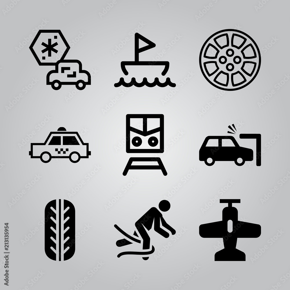 Simple 9 icon set of transport related car, alloy wheel, boat and taxi side vector icons. Collection Illustration Simple 9 icon set of transport related car, alloy wheel, boat and taxi side vector icons. Collection Illustration