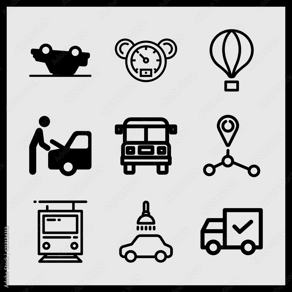 Simple 9 icon set of car related bus, hot air balloon, car wash and delivered vector icons. Collection Illustration Simple 9 icon set of car related bus, hot air balloon, car wash and delivered vector icons. Collection Illustration
