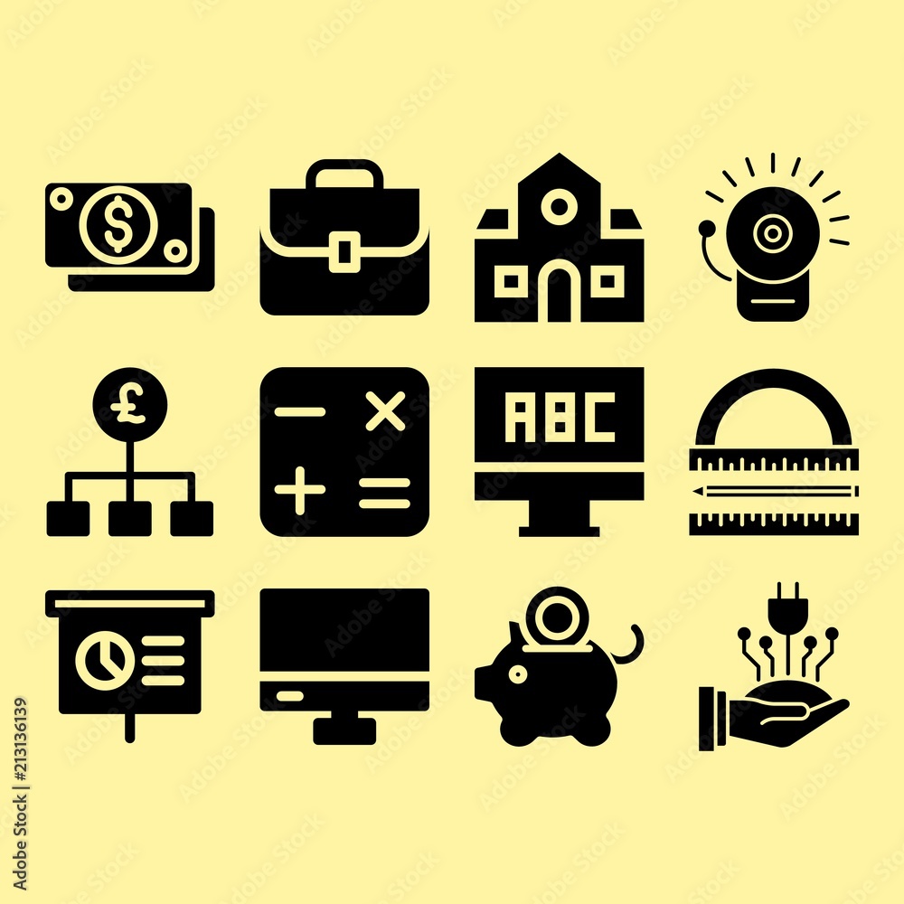 Piggy bank, power and presentation related premium icon set Piggy bank, power and presentation related premium icon set