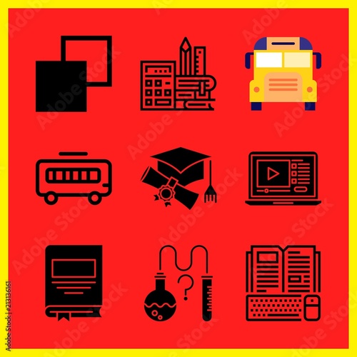 Simple 9 icon set of edication related school bus, science, online course and school bus vector icons. Collection Illustration