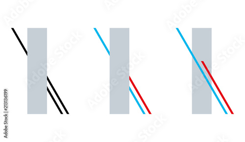 Poggendorff geometrical optical illusion. The red line appears to be continuing behind the gray rectangle but it is the blue line. Misperception of a position. Illustration on white background. Vector