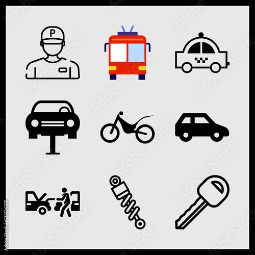 Simple 9 icon set of car related trolleybus, shock absorber, parking worker and bike side view vector icons. Collection Illustration