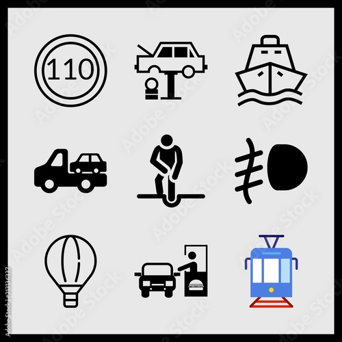 Simple 9 icon set of car related speed limit, drive through, tram and car tire change vector icons. Collection Illustration