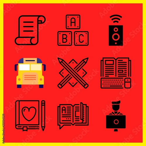 Simple 9 icon set of edication related student, online course, abc and legal paper vector icons. Collection Illustration
