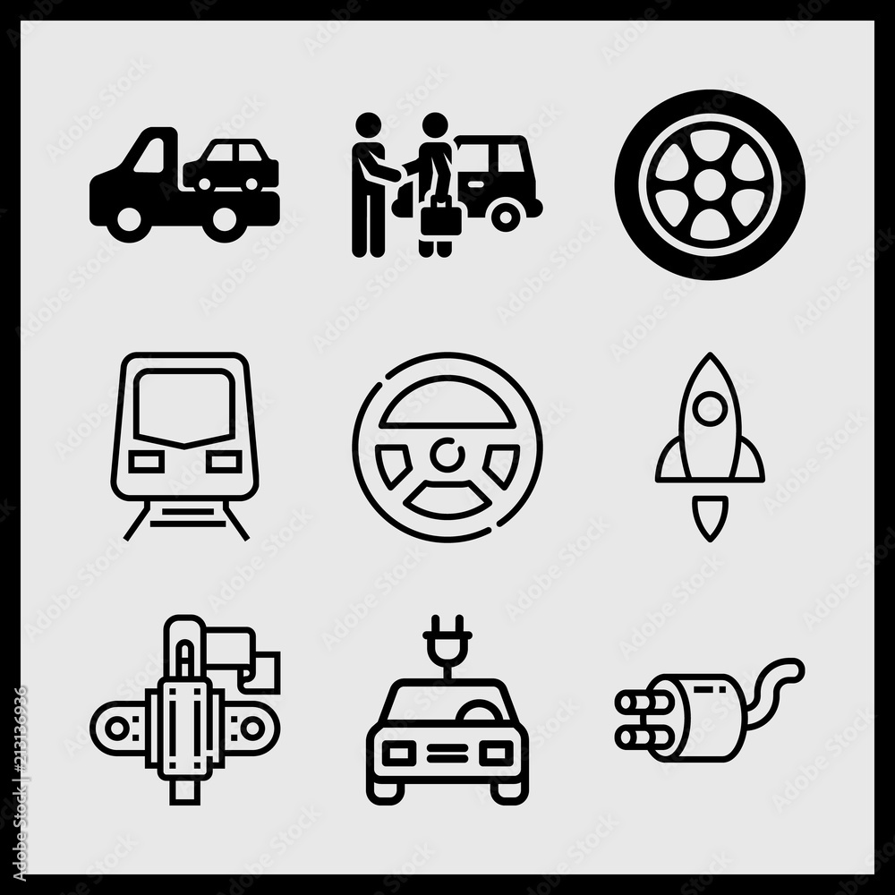 Simple 9 icon set of car related steering wheel, electric car, wheel and truck with another car vector icons. Collection Illustration Simple 9 icon set of car related steering wheel, electric car, wheel and truck with another car vector icons. Collection Illustration