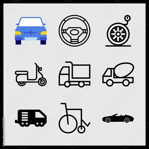 Simple 9 icon set of car related wheelchair, cabrio car, logistics truck and station wagon vector icons. Collection Illustration