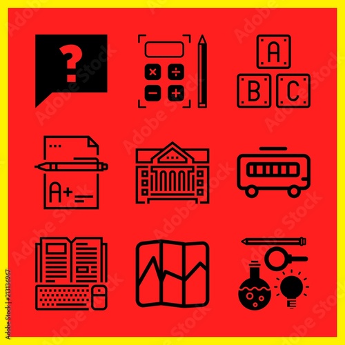 Simple 9 icon set of edication related exam, calculator, faq and school bus vector icons. Collection Illustration
