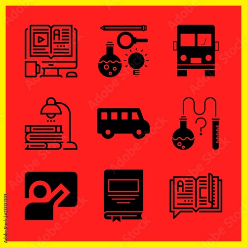 Simple 9 icon set of edication related elearning, school bus, science and book vector icons. Collection Illustration