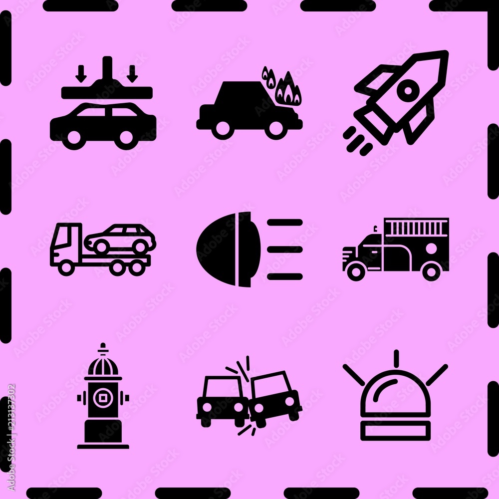 Simple 9 icon set of fire related hydrant, fire truck, siren and destroying car vector icons. Collection Illustration Simple 9 icon set of fire related hydrant, fire truck, siren and destroying car vector icons. Collection Illustration