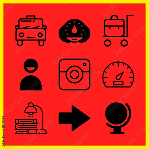 Simple 9 icon set of internet related speedometer, instagram, right arrow and dashboard vector icons. Collection Illustration