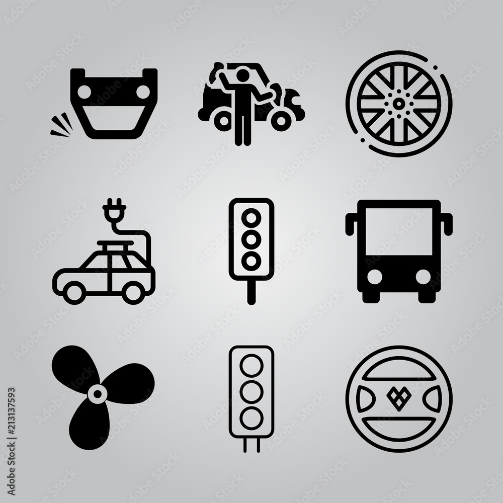 Φωτογραφία Simple 9 icon set of transport related car wash, boat propeller, overturned vehicle and traffic light vector icons