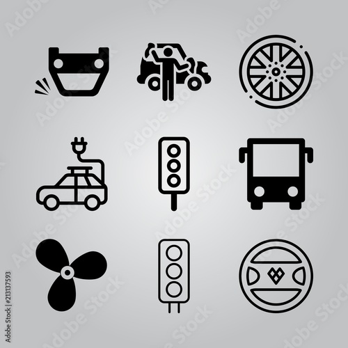 Simple 9 icon set of transport related car wash, boat propeller, overturned vehicle and traffic light vector icons. Collection Illustration
