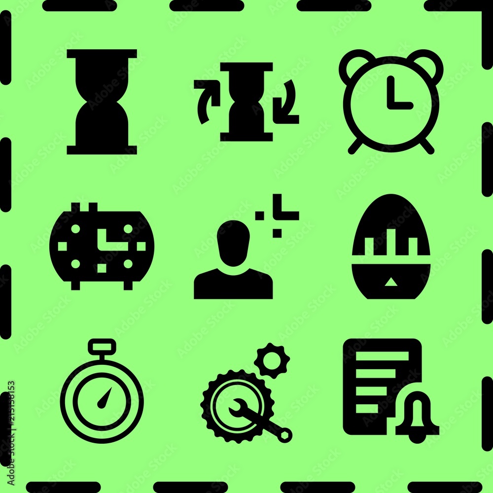 Simple 9 icon set of time related repair mechanism, alarm, chronometer and alarm vector icons. Collection Illustration
