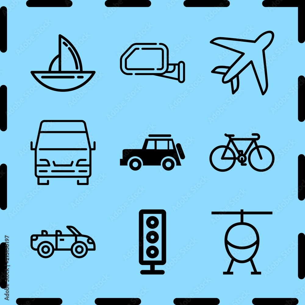 Simple 9 icon set of travel related rearview mirror, traffic signal, family car and old style bicycle vector icons. Collection Illustration Simple 9 icon set of travel related rearview mirror, traffic signal, family car and old style bicycle vector icons. Collection Illustration