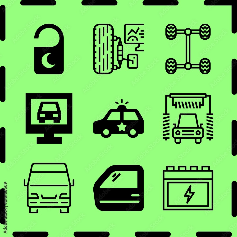 Simple 9 icon set of service related doorknob, van, police car and car repair vector icons. Collection Illustration Simple 9 icon set of service related doorknob, van, police car and car repair vector icons. Collection Illustration