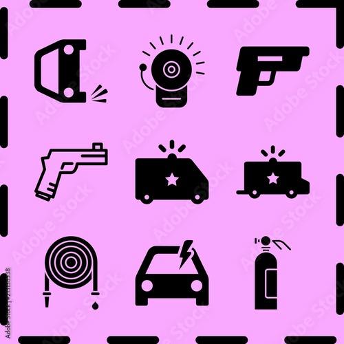 Simple 9 icon set of fire related gun, problem electric, overturned car and extinguisher vector icons. Collection Illustration
