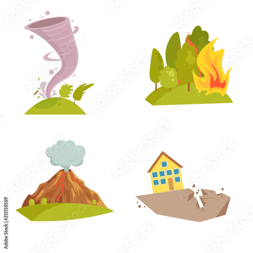 Natural cataclysm icons set. Tsunami wave, tornado swirl, flame meteorite, volcano eruption, sandstorm, deglaciation, storm. Cartoon style color icon. Vector illustration isolated on white background.