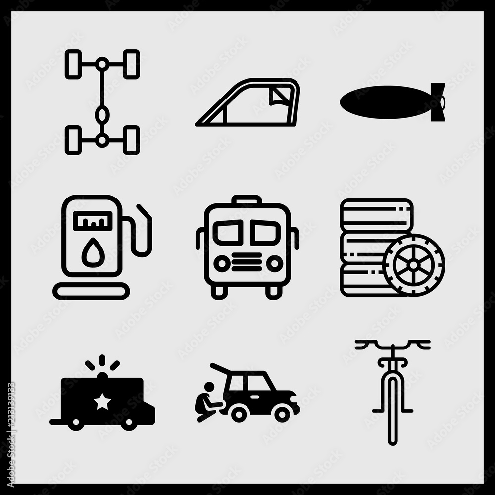 Simple 9 icon set of car related car, missile, gas station and bike vector icons. Collection Illustration Simple 9 icon set of car related car, missile, gas station and bike vector icons. Collection Illustration