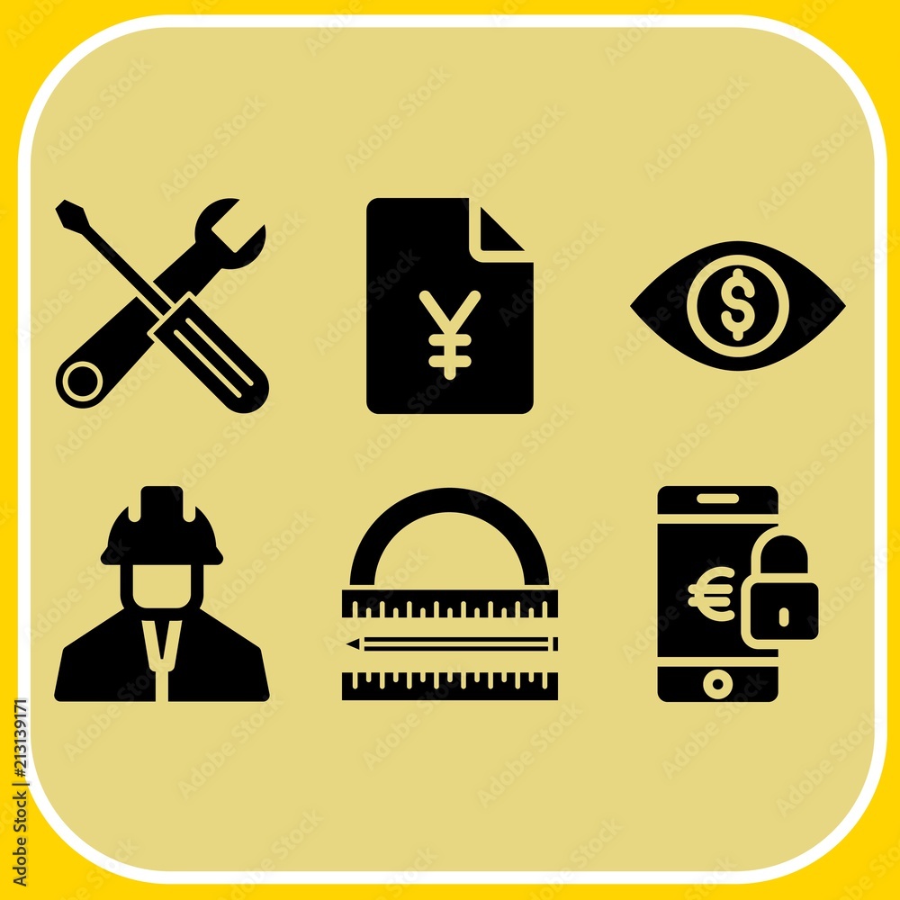 Simple 6 icon set of business related engineer, dollar, measurement and tools vector icons. Collection Illustration Simple 6 icon set of business related engineer, dollar, measurement and tools vector icons. Collection Illustration