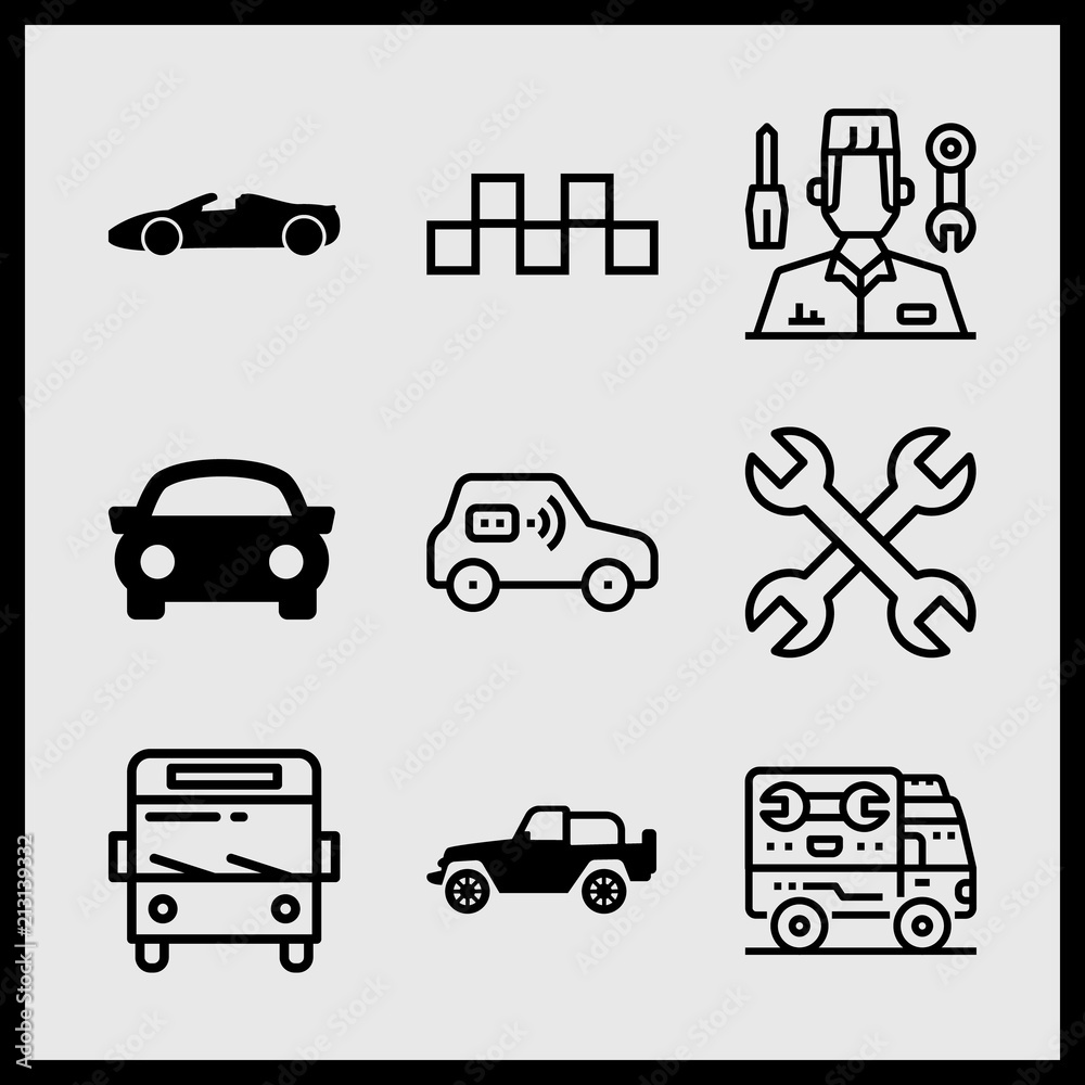 Fototapeta premium Simple 9 icon set of car related car, sports car, truck and mechanic vector icons. Collection Illustration