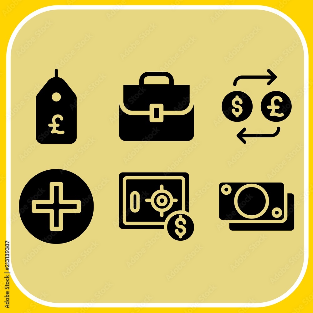Simple 6 icon set of business related add, money, price tag and safebox vector icons. Collection Illustration Simple 6 icon set of business related add, money, price tag and safebox vector icons. Collection Illustration