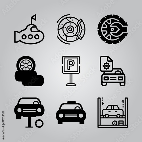 Simple 9 icon set of transport related changing car tire, three wheels, submarine and parking vector icons. Collection Illustration