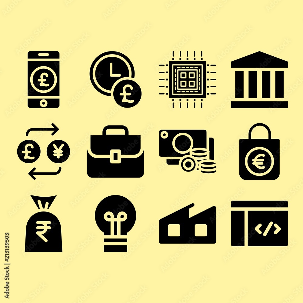 Coding, pound sterling and factory related premium icon set Coding, pound sterling and factory related premium icon set