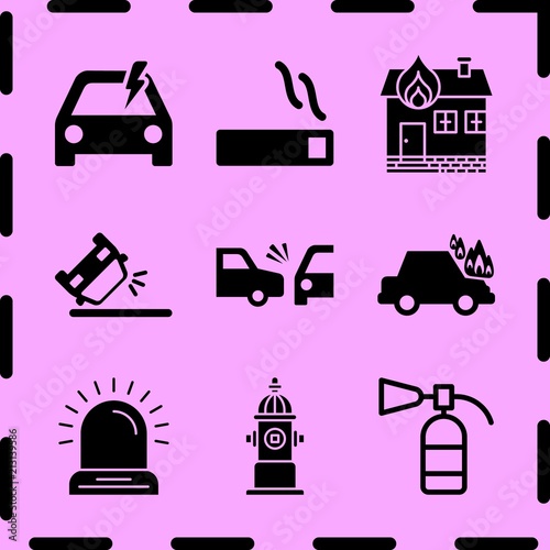 Simple 9 icon set of fire related burning house, side crash, siren and overturned car vector icons. Collection Illustration
