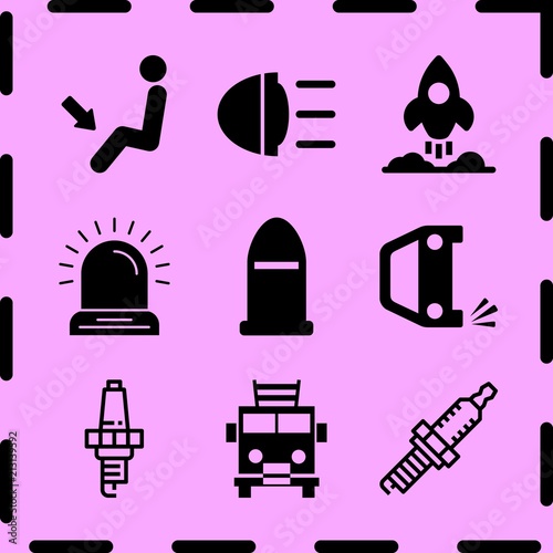 Simple 9 icon set of fire related siren, rocket, firetruck and overturned car vector icons. Collection Illustration