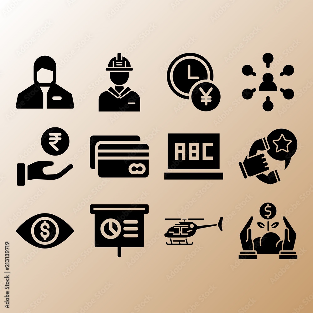 Presentation, helicopter and time is money related premium icon set Presentation, helicopter and time is money related premium icon set