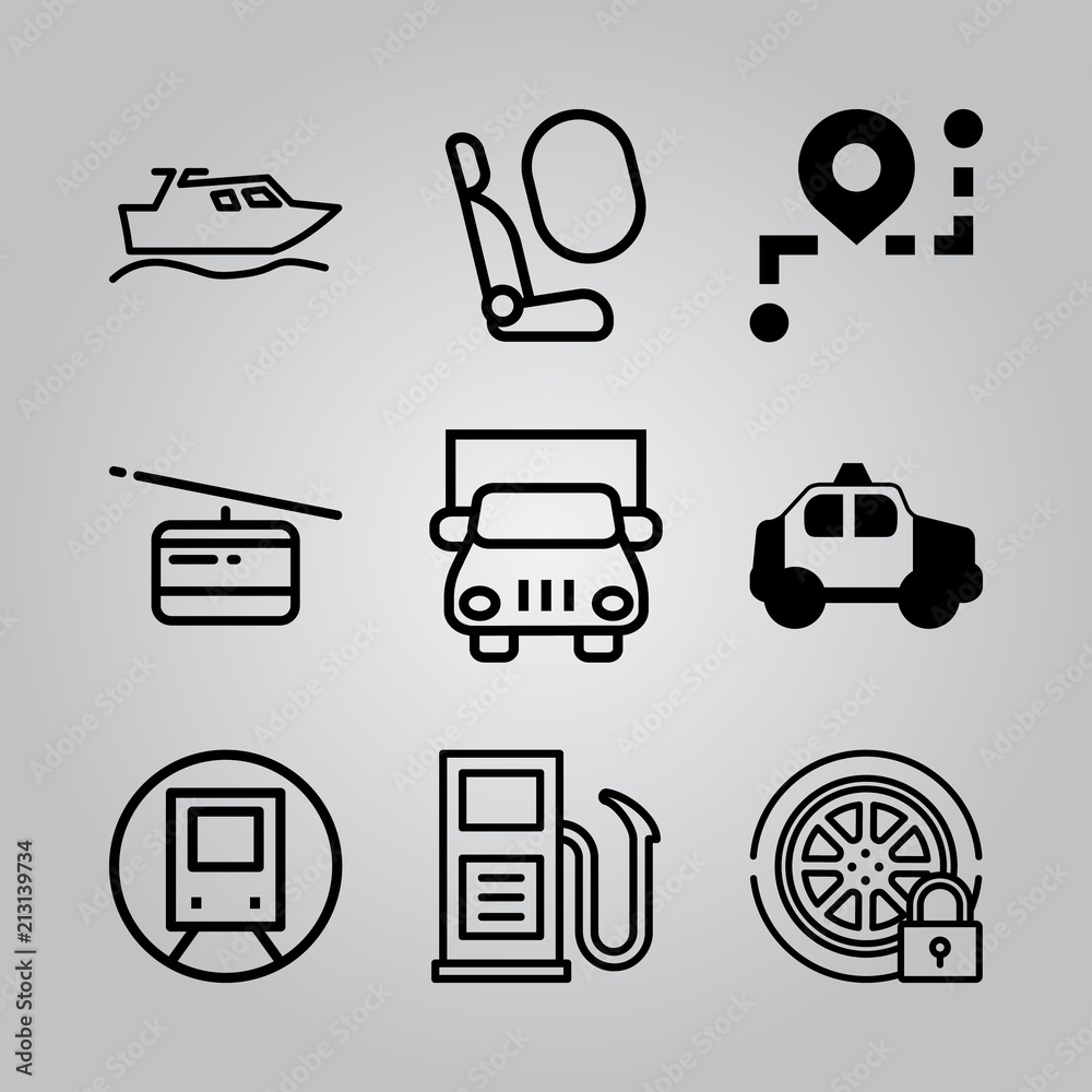 Simple 9 icon set of transport related tyre, train, truck and cable car vector icons. Collection Illustration Simple 9 icon set of transport related tyre, train, truck and cable car vector icons. Collection Illustration