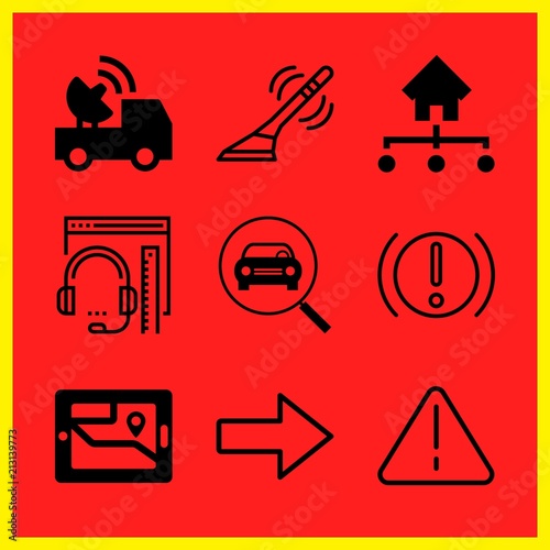 Simple 9 icon set of internet related car front in magnifier glass, browser, exclamation attention triangular signal and broadcaster vector icons. Collection Illustration