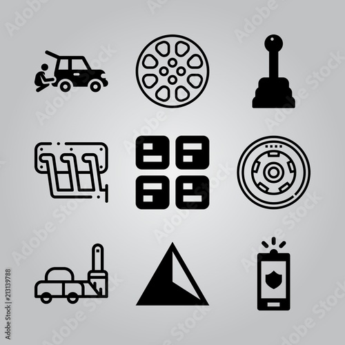 Simple 9 icon set of electronics related car parts, smartphone, gearshift and structure vector icons. Collection Illustration