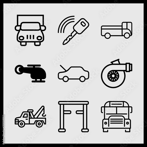 Simple 9 icon set of car related tow truck, car key, school bus and helicopter vector icons. Collection Illustration