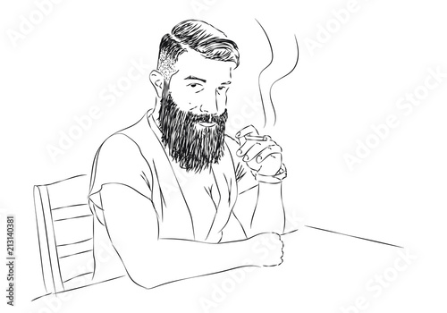 Bearded Man Line Art Illustration sitting and smoking cigar photo