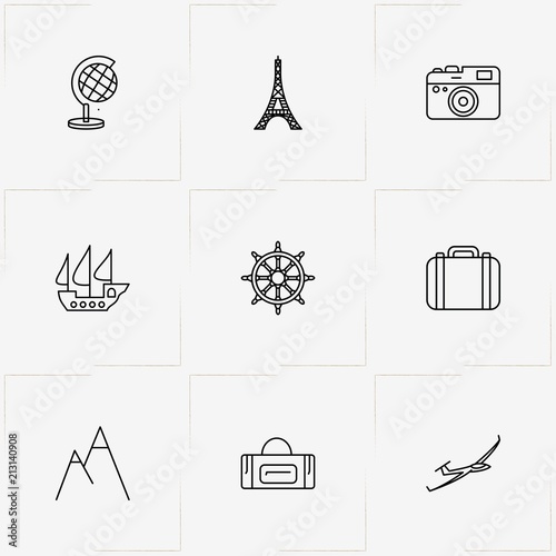 Travel line icon set with eiffel tower , handwheel  and baggage