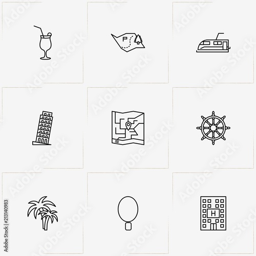 Travel line icon set with hostel building , cocktail and handwheel