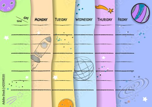 School timetable background with hand drawn space elements.