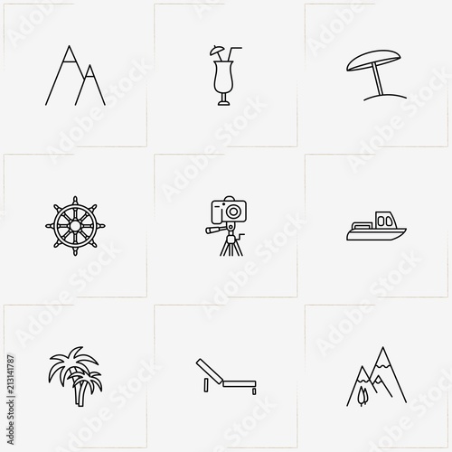 Travel line icon set with photo camera, cocktail and handwheel