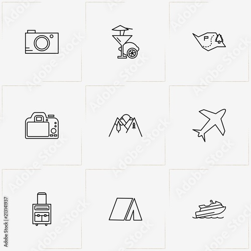 Travel line icon set with airplane, water scooter and map