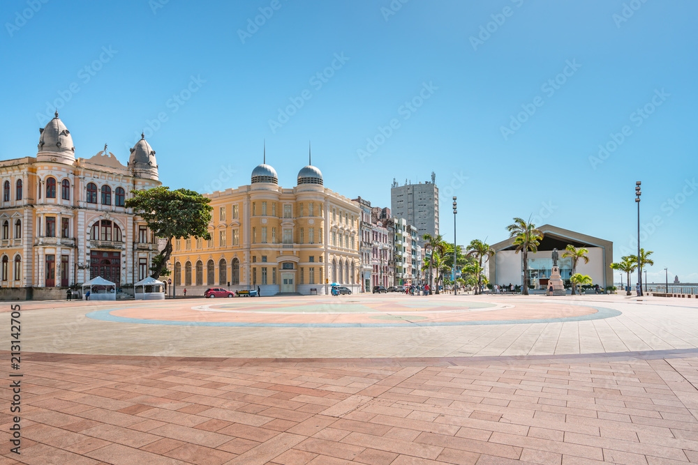Recife, Pernambuco, Brazil - JUN, 2018: Panoramic view of Architecture in Marco Zero (Ground Zero) Square at Ancient Recife district with buildings dated from the 17th century
