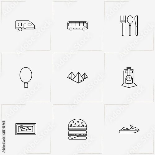 Travel line icon set with round signboard , map and trailer
