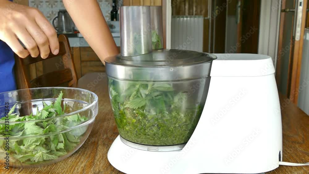 Woman putting fresh nettle leaves in mixer for preparation of spread, pesto. Time lapse, UHD Woman putting fresh nettle leaves in mixer for preparation of spread, pesto. Time lapse, UHD