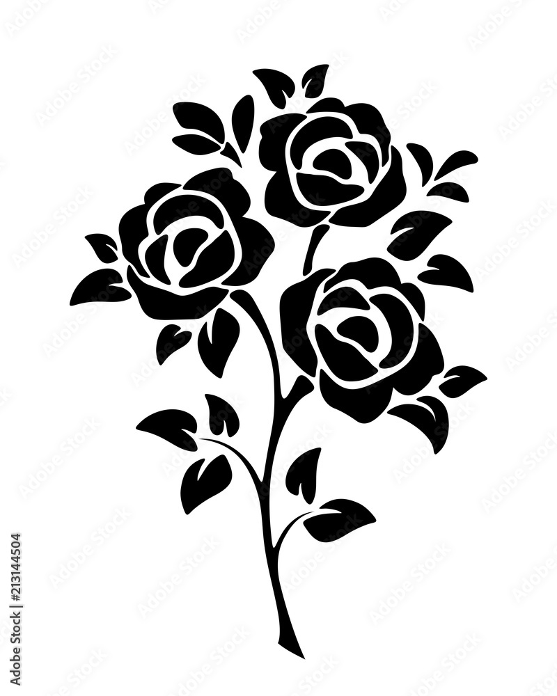Vector black silhouette of roses isolated on a white background.