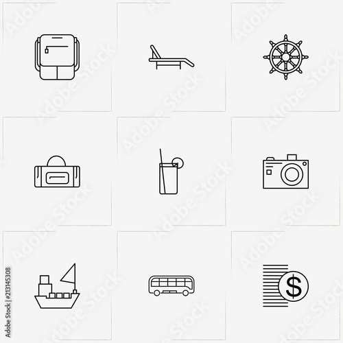 Travel line icon set with ship, handwheel  and money