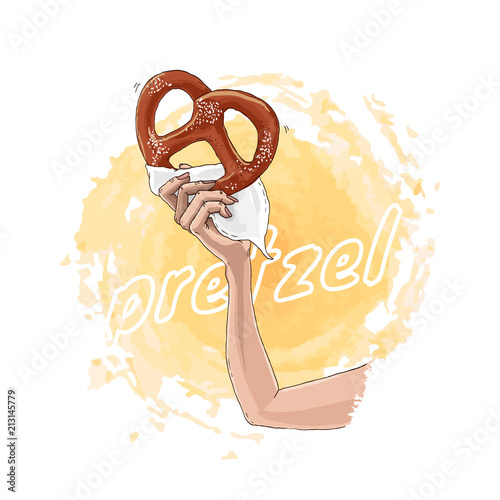 Women hand holds a big sweet pretzel. Fresh tasty Pretzel for Oktoberfest. Hand drawn sketch. Vector illustration.