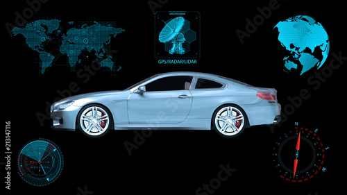 Driverless vehicle  autonomous sedan car on black background with infographic data  side view  3D rendering